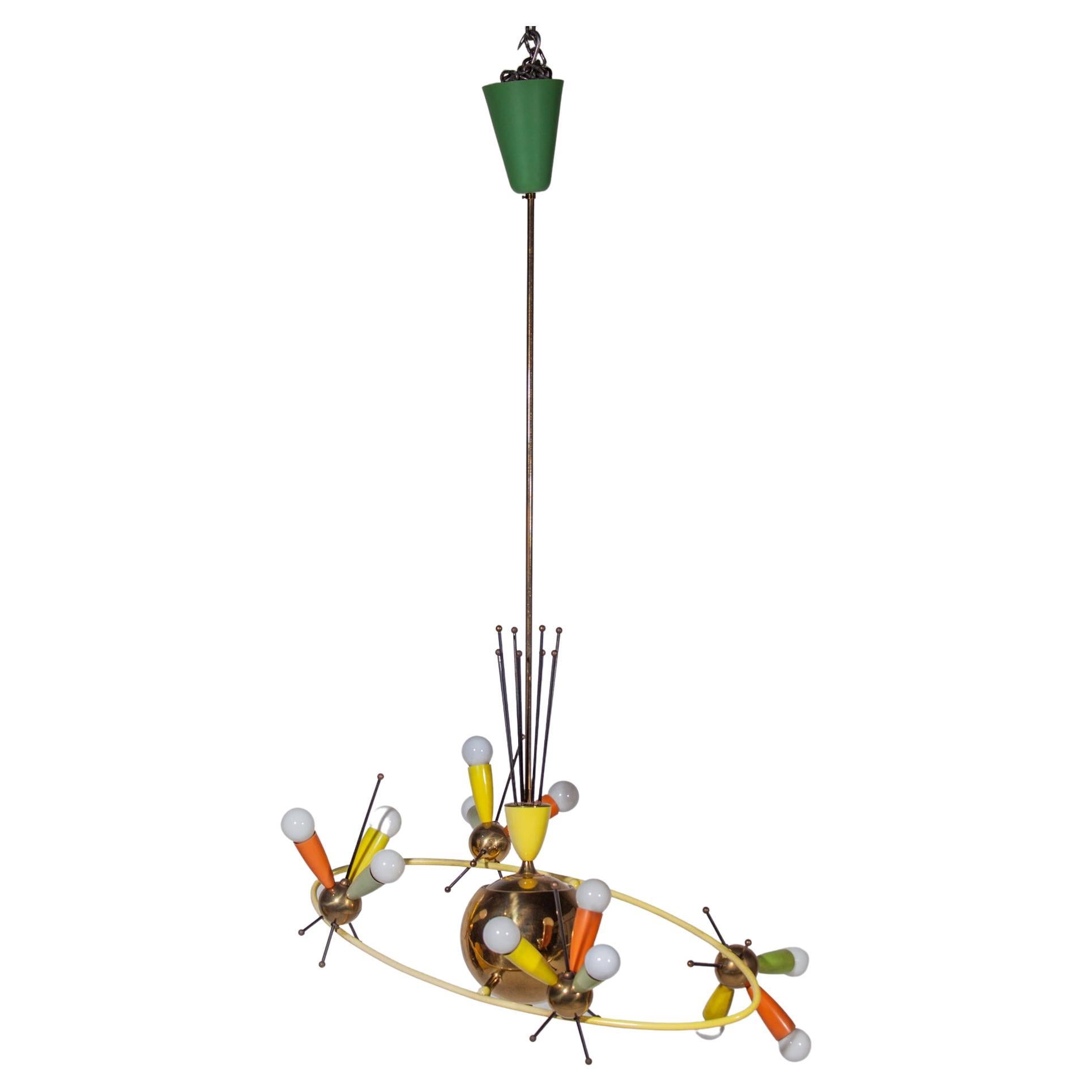 Mid-Century Modern Space Age Fifties Brass Multicolored Chandelier Style Angelo Lelli, 1959 For Sale