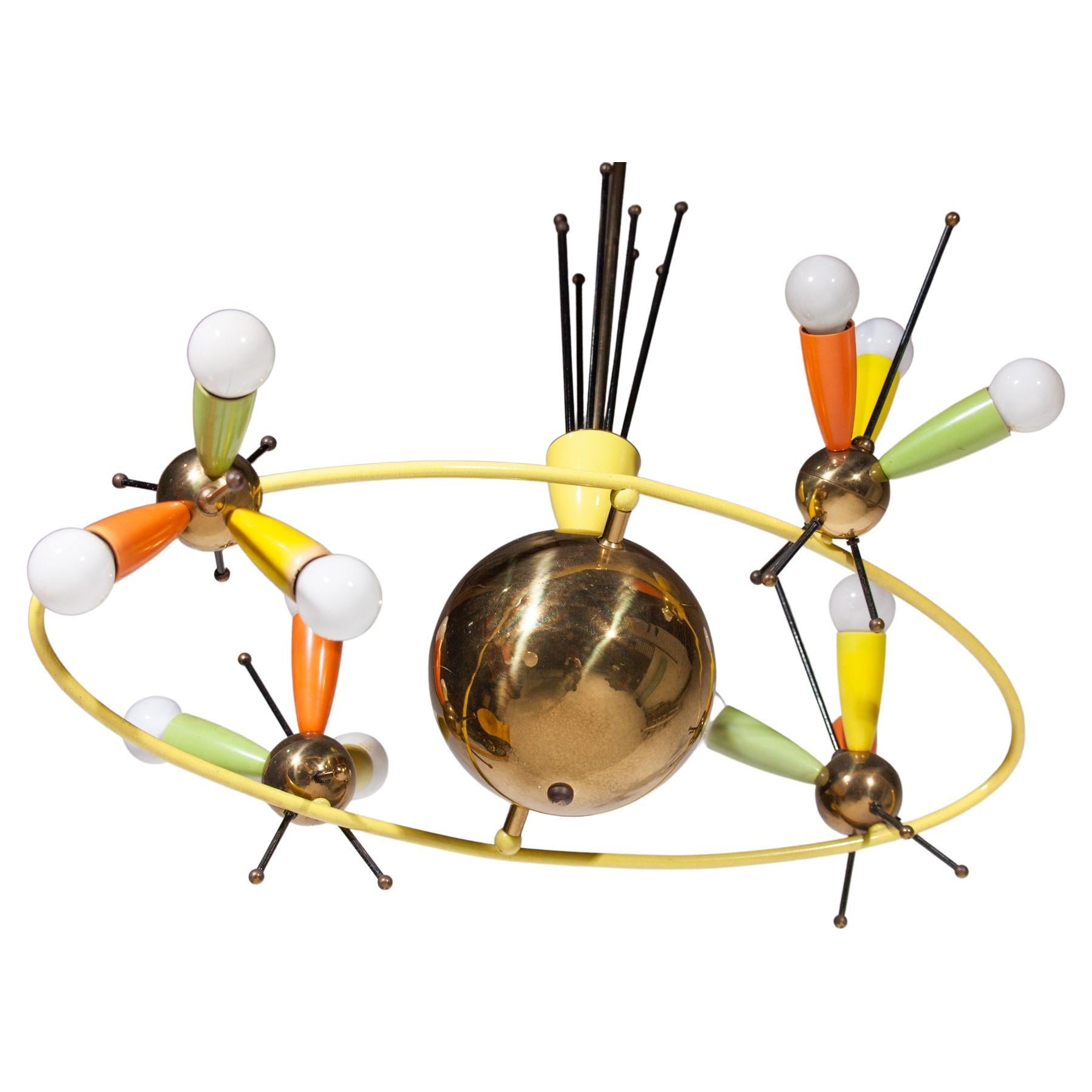 Italian Space Age Fifties Brass Multicolored Chandelier Style Angelo Lelli, 1959 For Sale