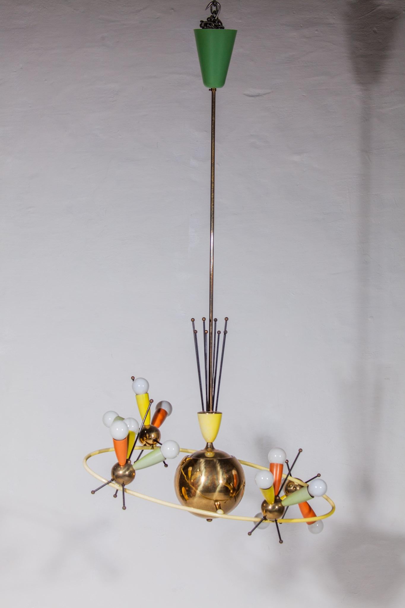 Mid-20th Century Space Age Fifties Brass Multicolored Chandelier Style Angelo Lelli, 1959 For Sale