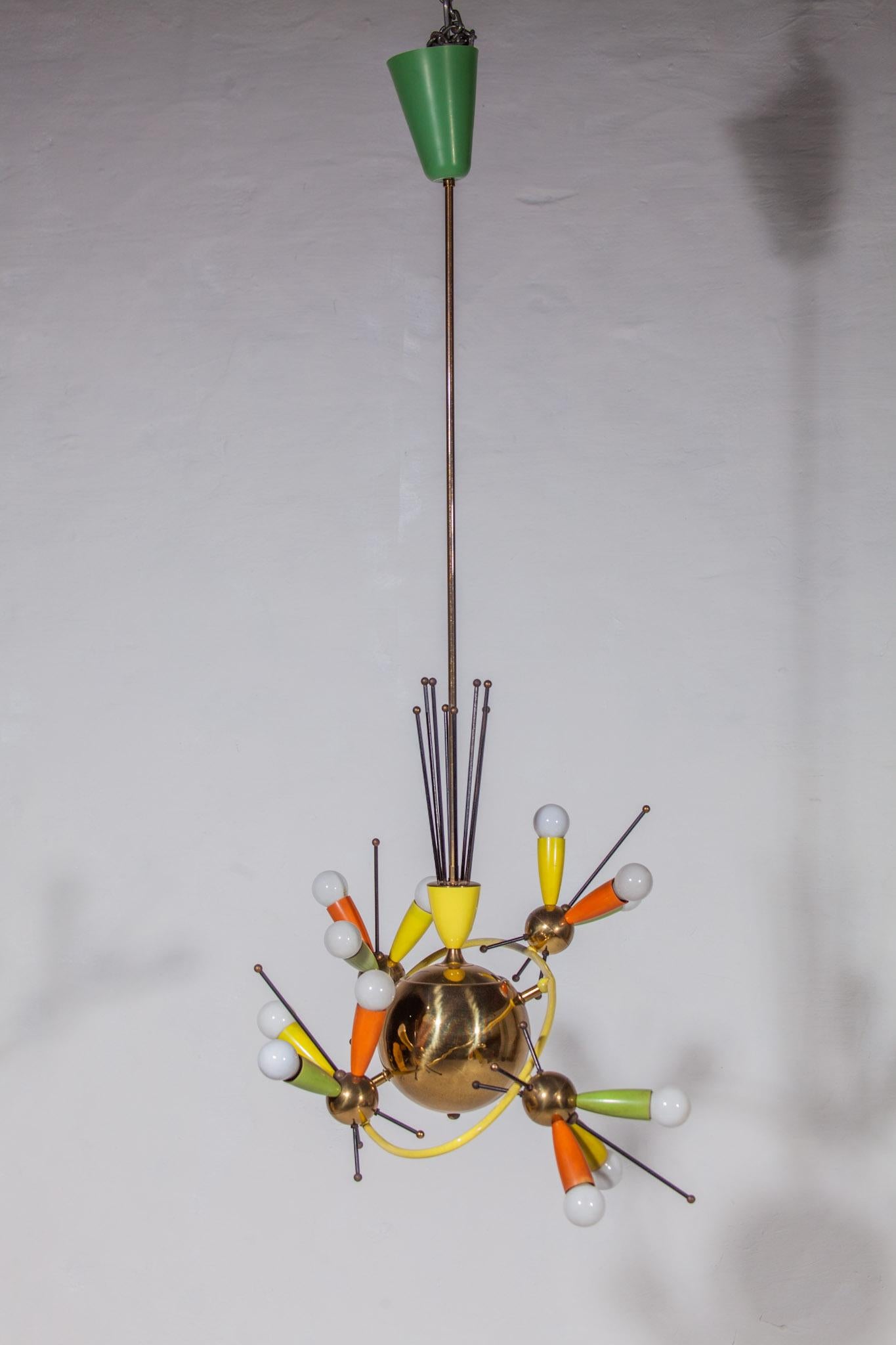 Metal Space Age Fifties Brass Multicolored Chandelier Style Angelo Lelli, 1959 For Sale