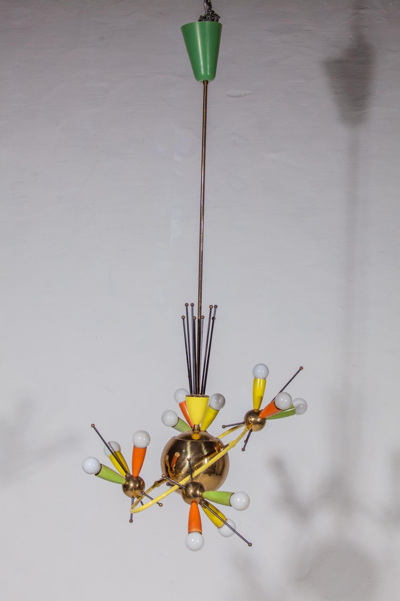 Space Age Fifties Brass Multicolored Chandelier Style Angelo Lelli, 1959 For Sale 1