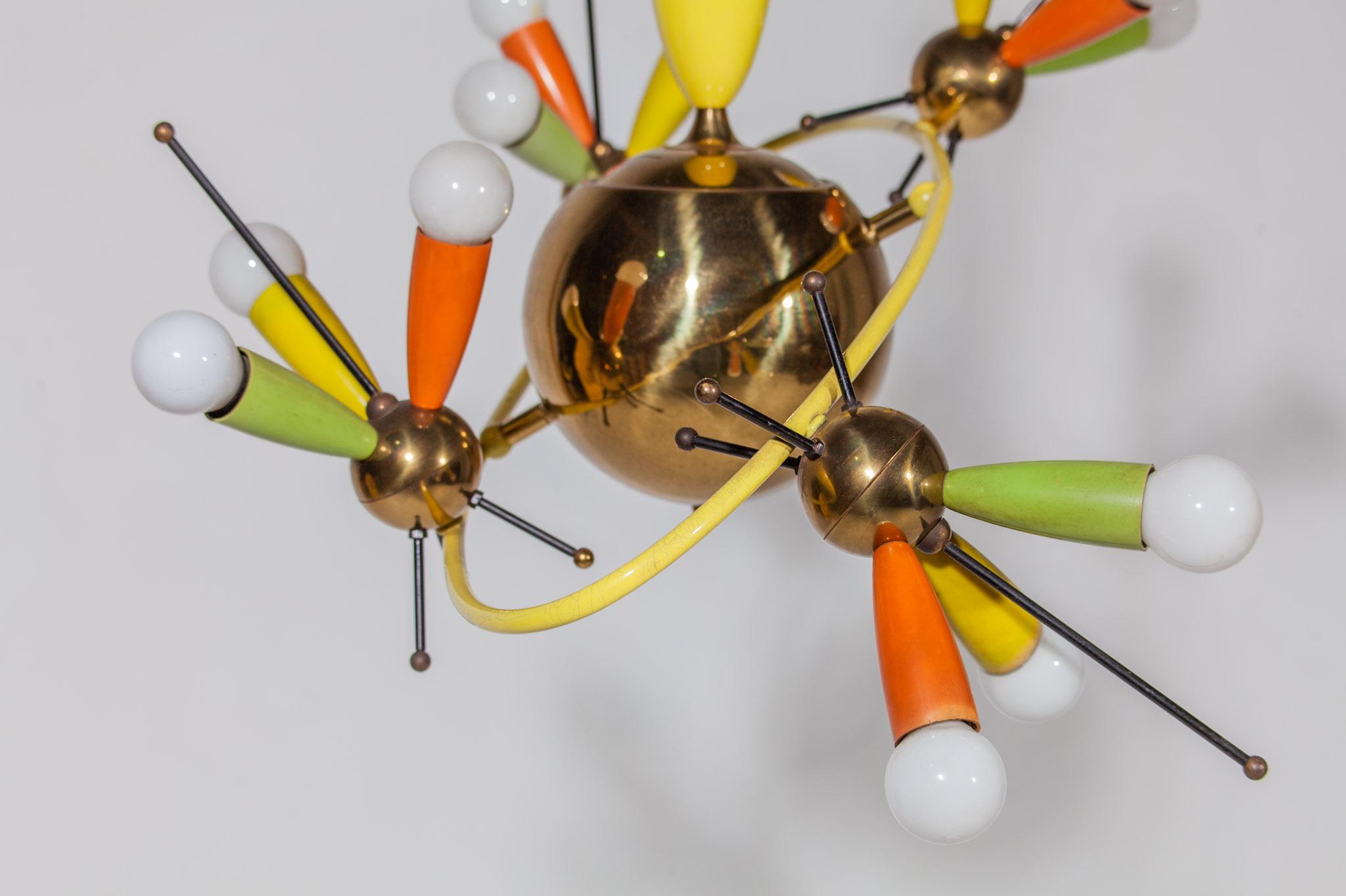 Space Age Fifties Brass Multicolored Chandelier Style Angelo Lelli, 1959 For Sale 2