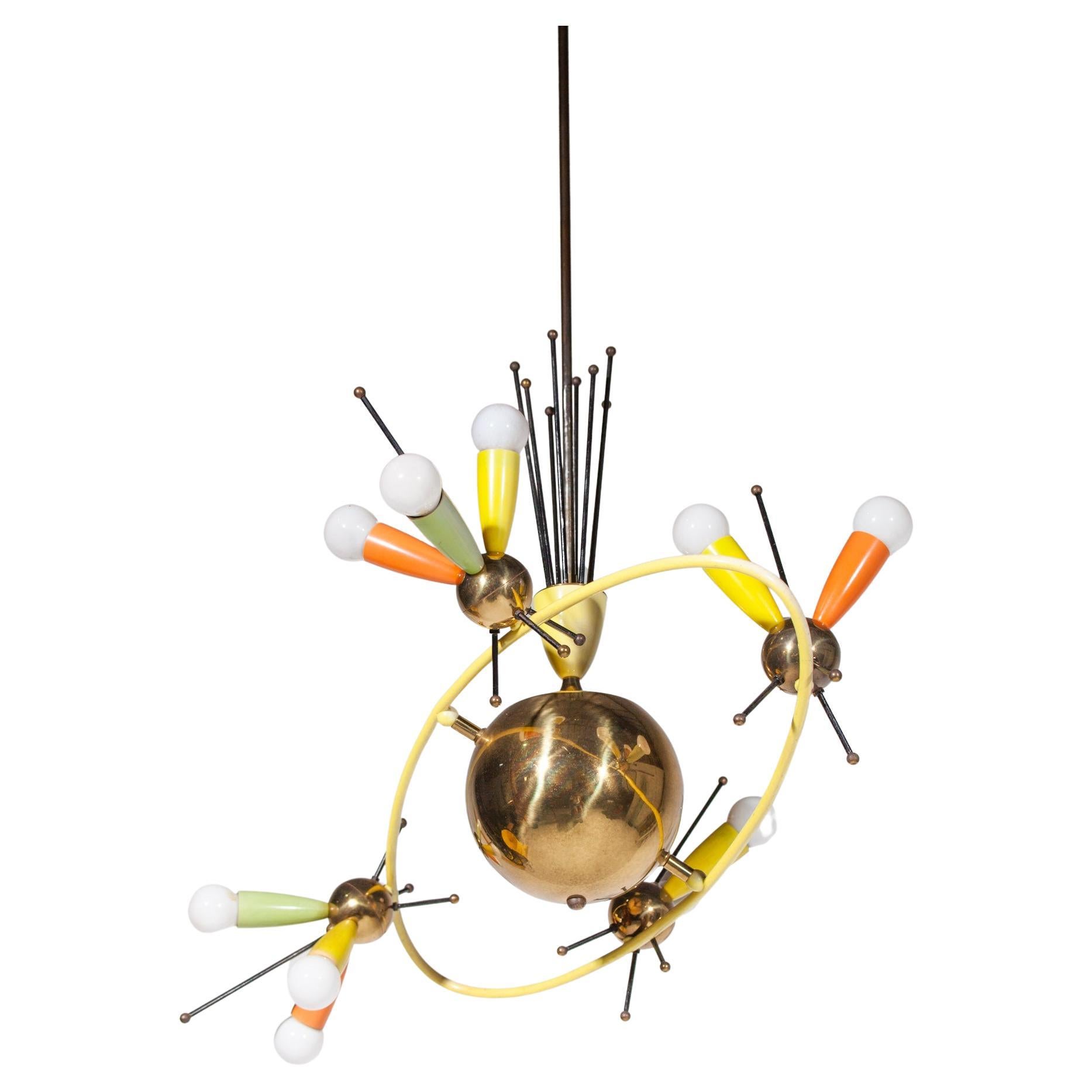 Space Age Fifties Brass Multicolored Chandelier Style Angelo Lelli, 1959 For Sale
