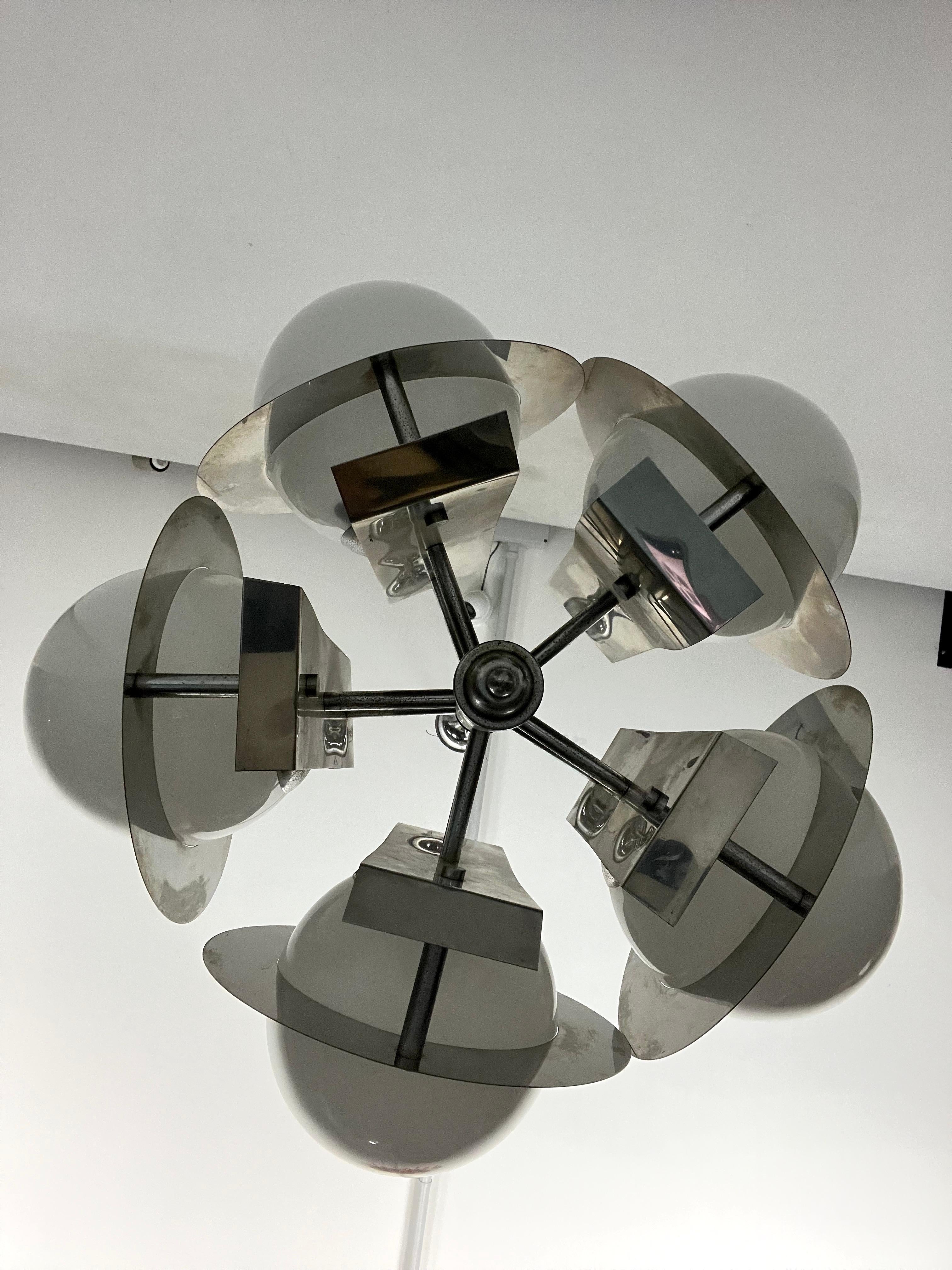 20th Century Space Age five lights chandelier in chrome and white glass. Italy 1970s For Sale