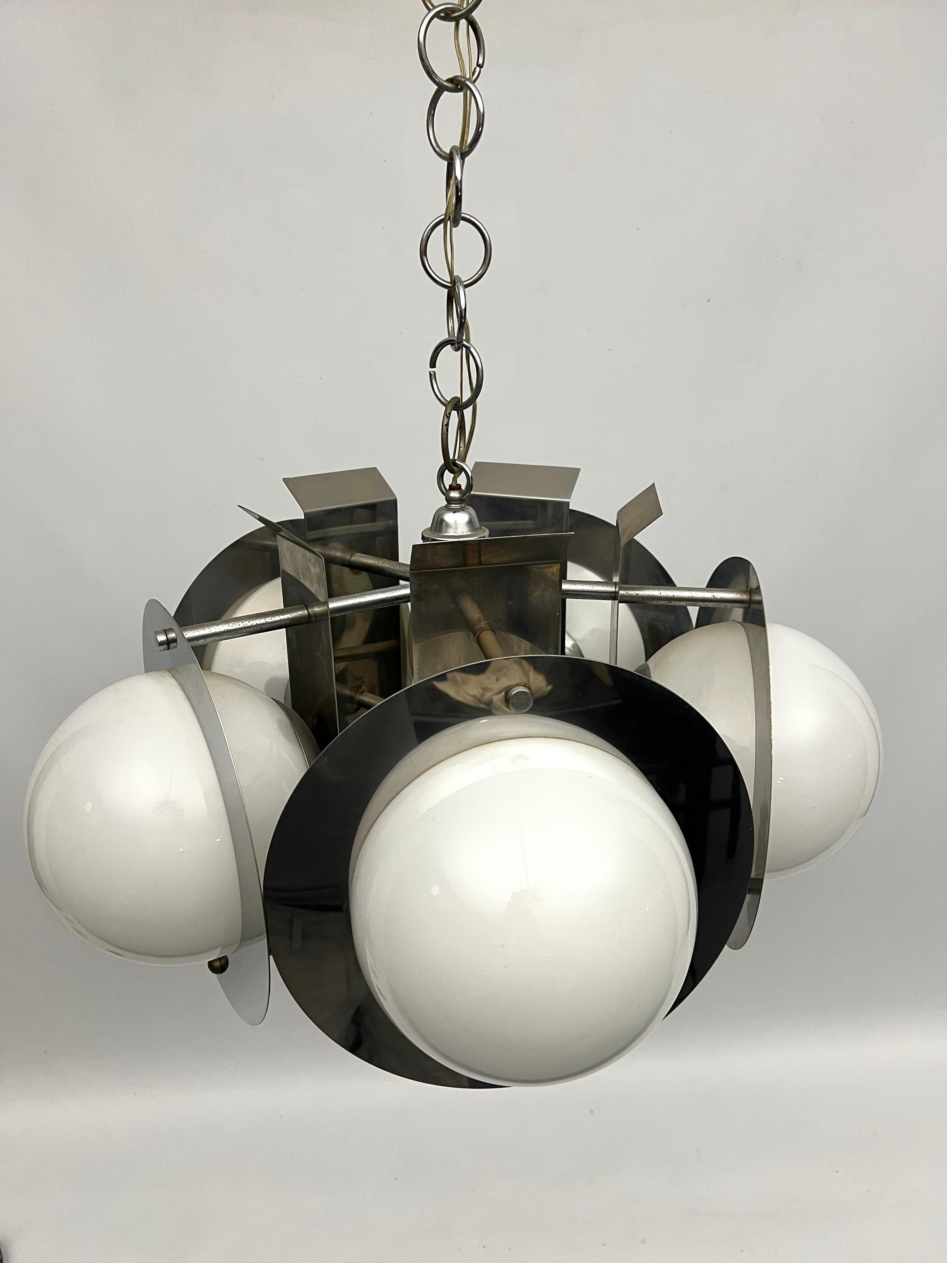 Space Age five lights chandelier in chrome and white glass. Italy 1970s For Sale 1