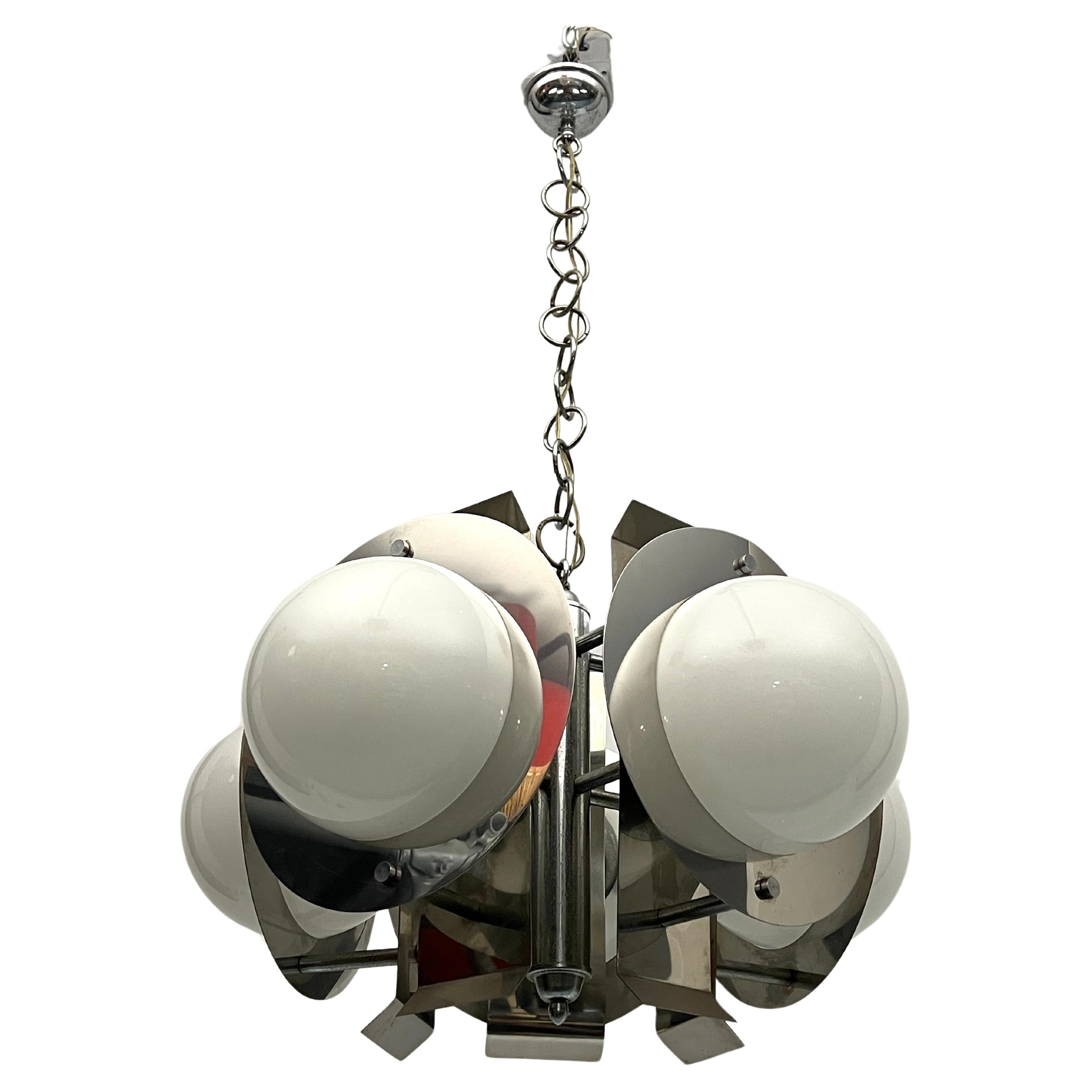 Space Age five lights chandelier in chrome and white glass. Italy 1970s For Sale