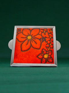 Space age Floral red ceramic trivet, spain, 1970's