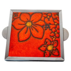 Space age Floral red ceramic trivet, spain, 1970's