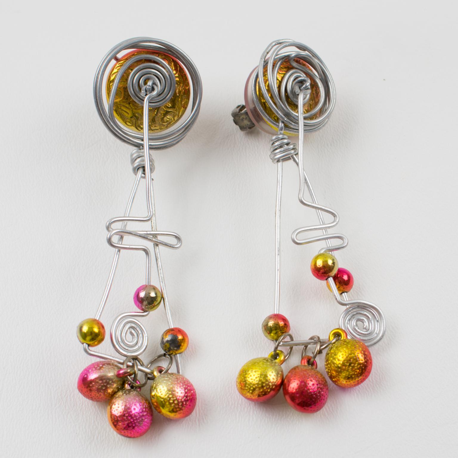 Modernist Space Age Futuristic Aluminum and Iridescent Beads Clip Earrings For Sale