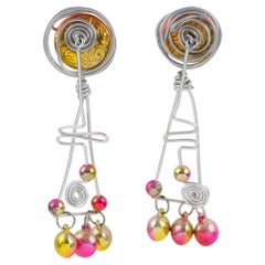 Space Age Futuristic Aluminum and Iridescent Beads Clip Earrings