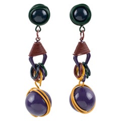 Space Age Futuristic Multicolor Wired Dangle Clip Earrings