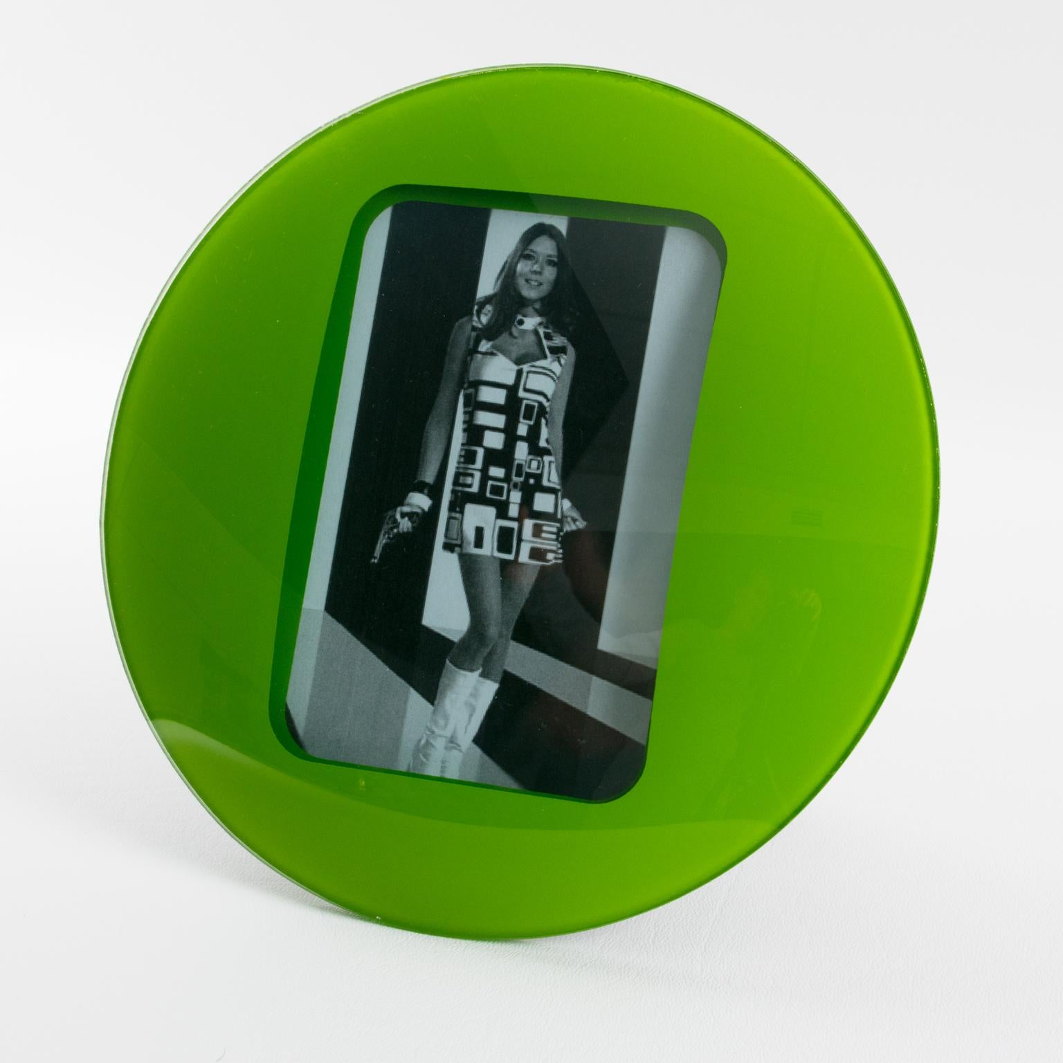 Stylish 1960s Space Age green glass picture photo frame. Round domed design with kinetic effect. Easel and back covered with black paper. The picture photo frame can only be placed in a portrait position. No visible maker's
