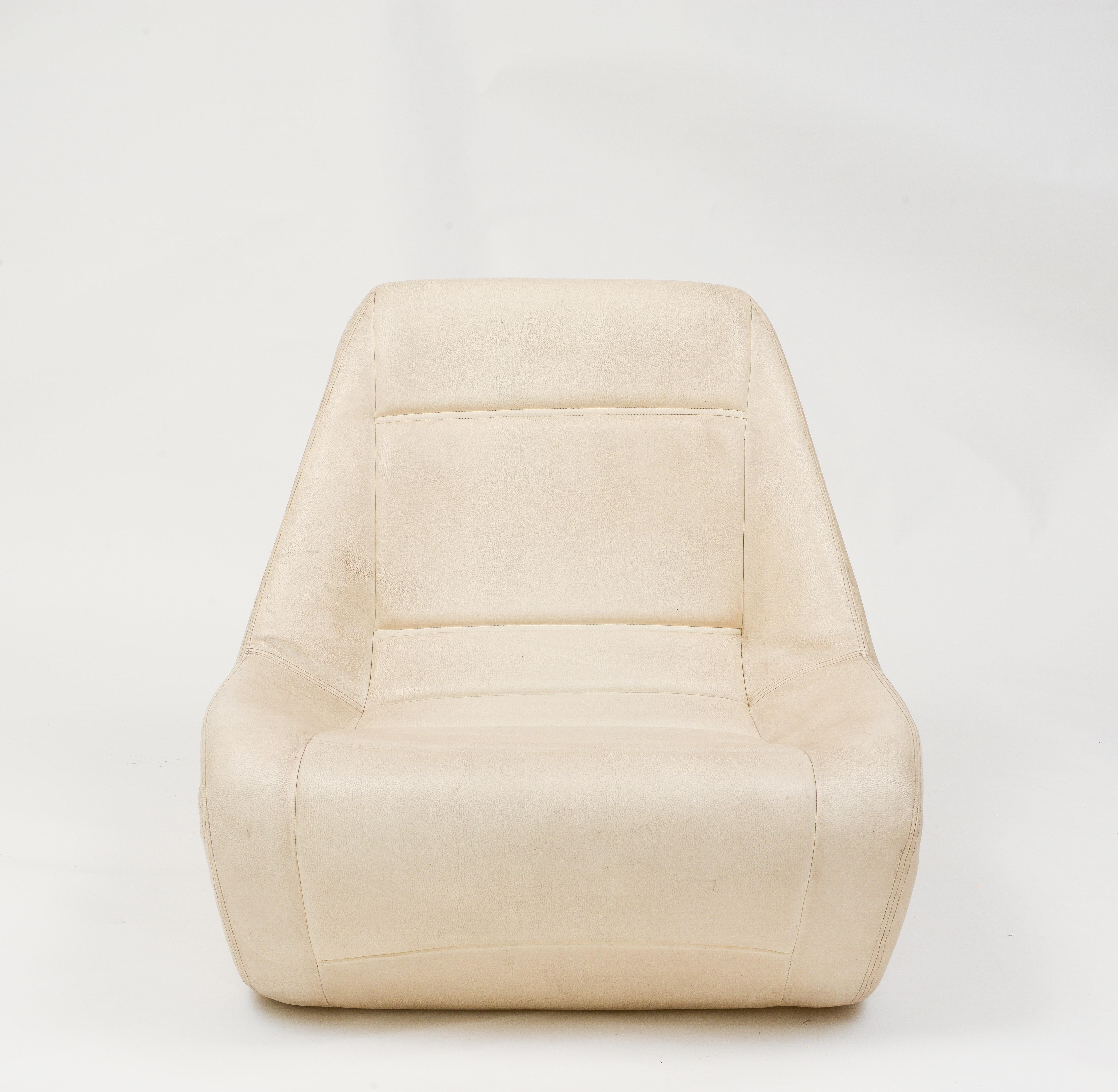 French Space Age Huge Lounge Chairs White Leatherette, France, 1970's