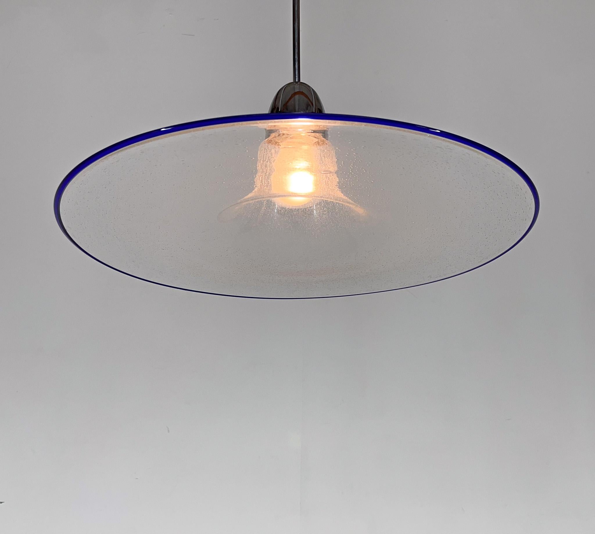 Vintage bubble clear glass pendant light with blue rim.  Made in Italy in the 1970's. New wiring.