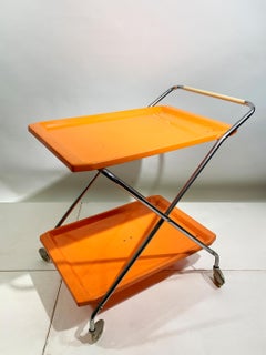 Space Age Italian Folding Bar Cart in Vibrant Orange and Chrome, 1970s
