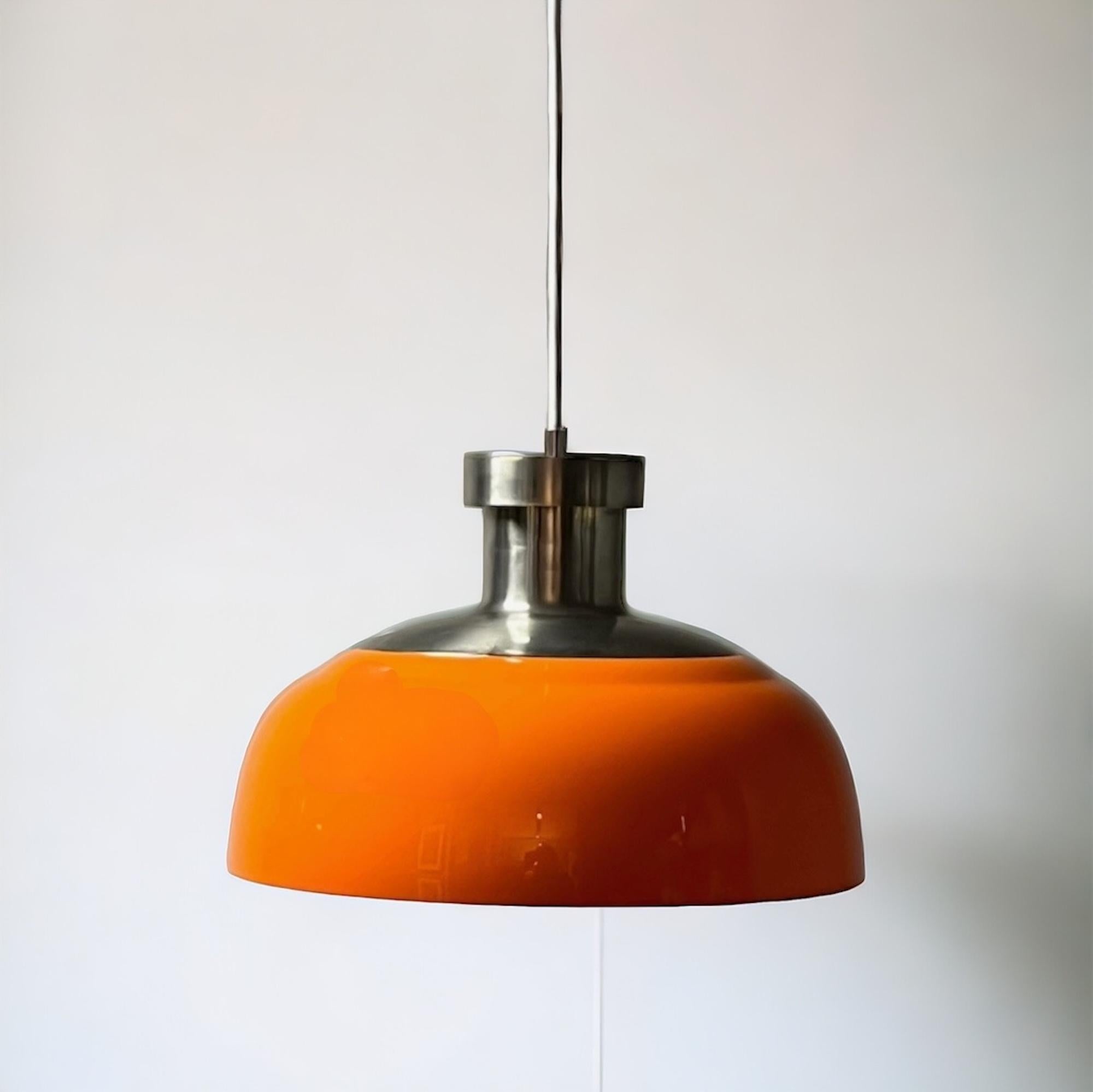 Metal Space Age Kartell KD7 Large Hanging Lamp Orange Acrylic, 1960s For Sale
