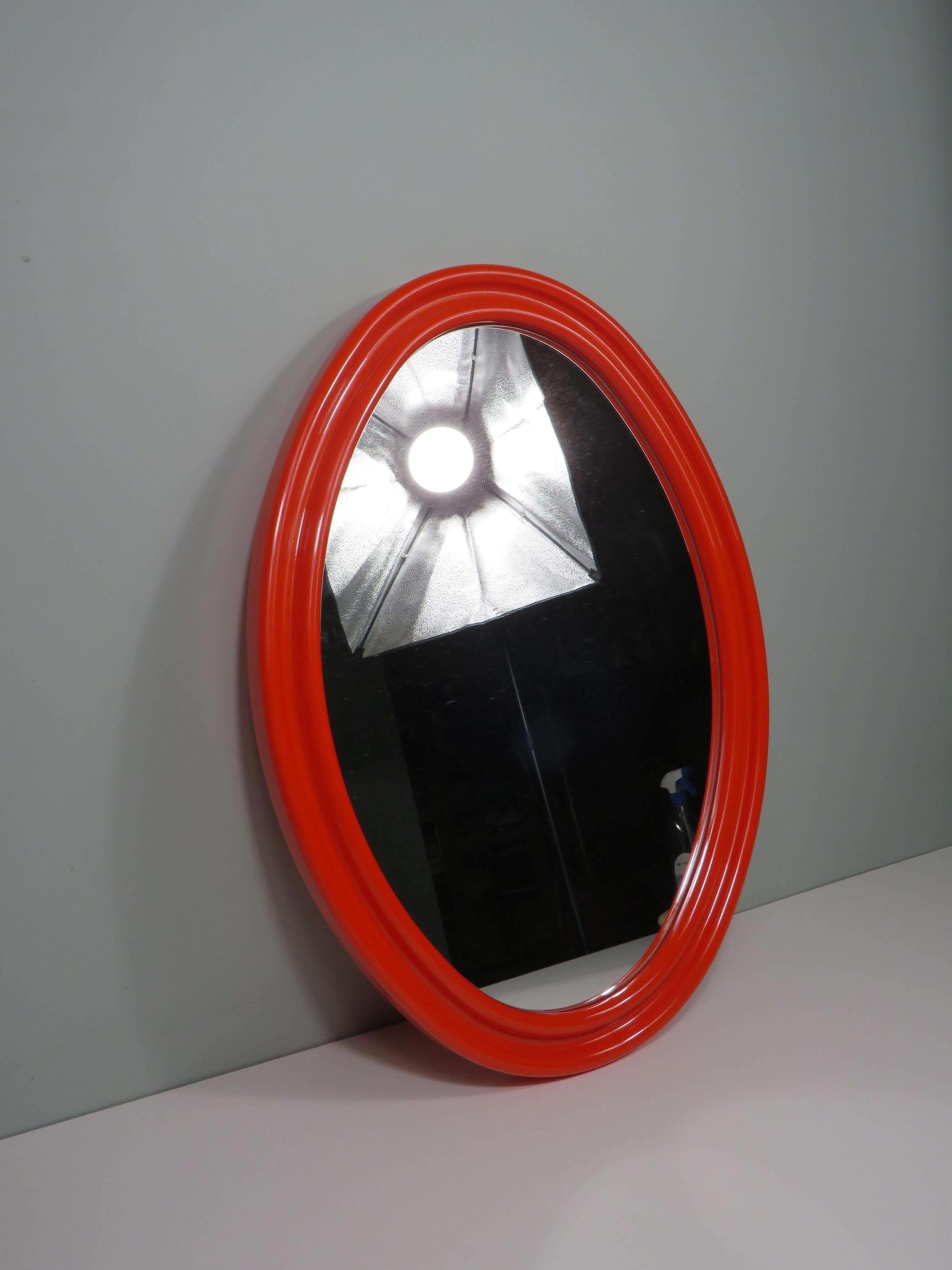 Space Age large orange oval mirror 1960s in the style of Guzzini, V.Panton For Sale 2