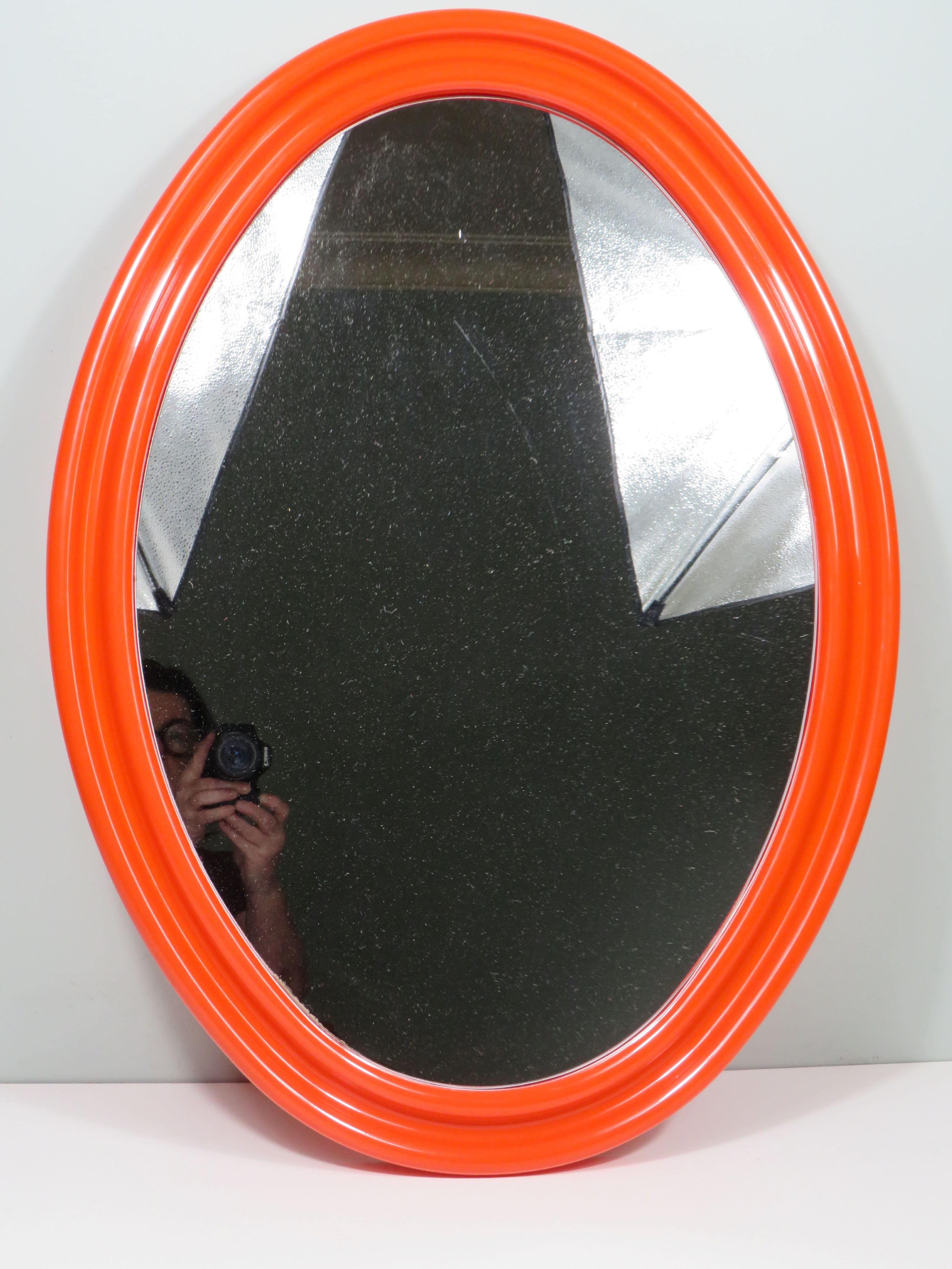 Space Age large orange oval mirror 1960s in the style of Guzzini, V.Panton For Sale 3