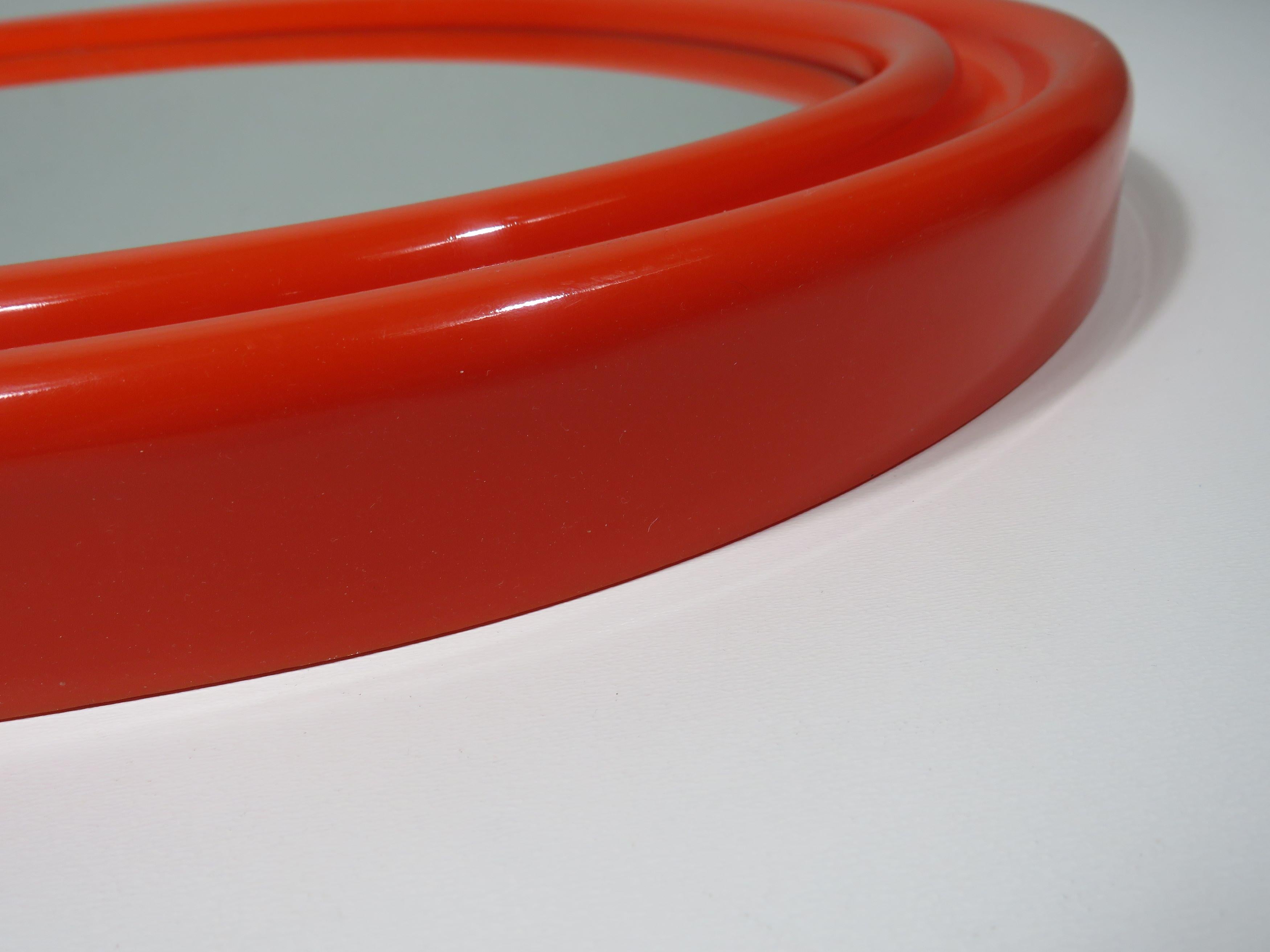 Space Age large orange oval mirror 1960s in the style of Guzzini, V.Panton For Sale 2