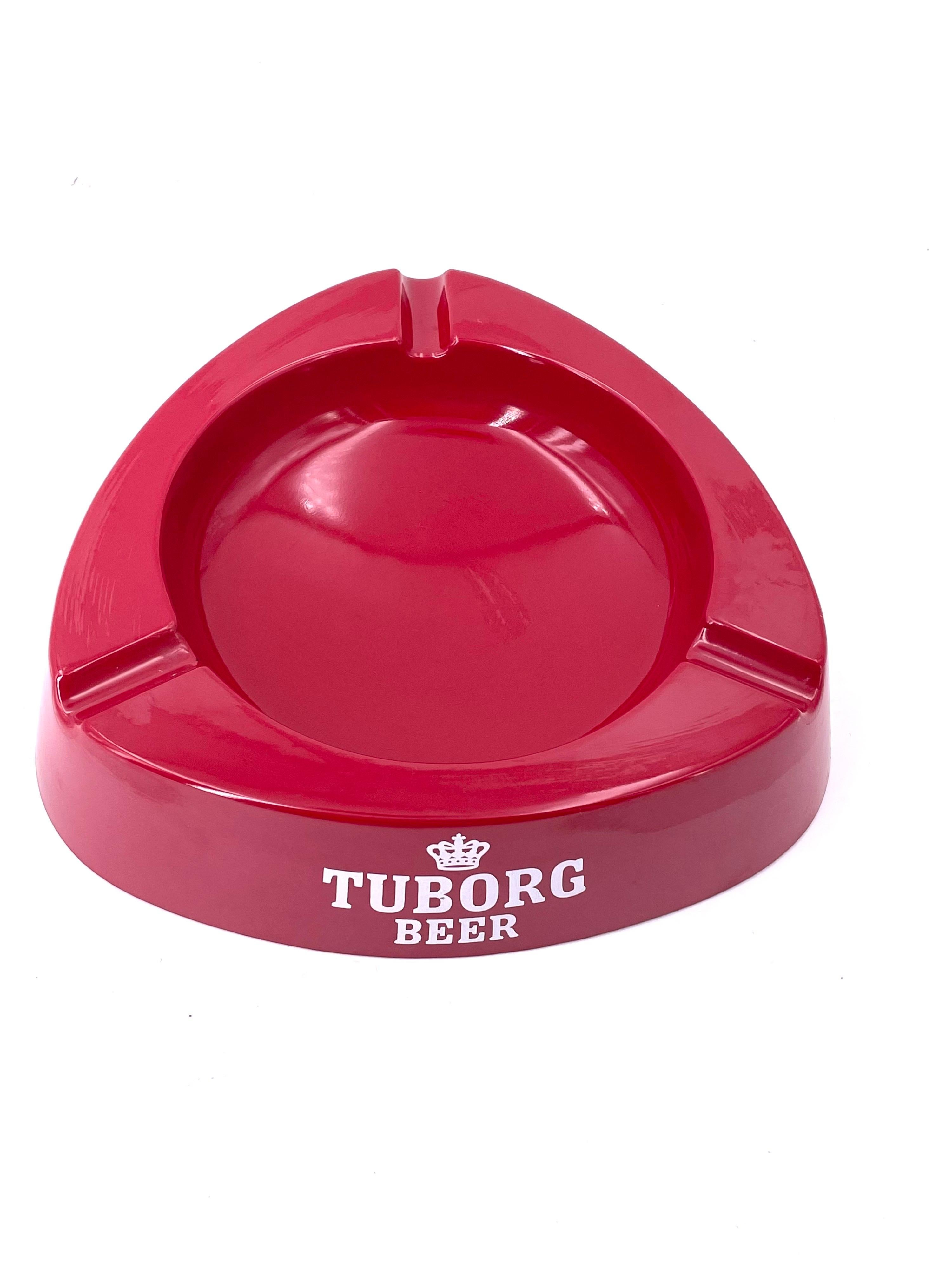 Cool red Space Age large ashtray, circa 1970s in great condition never used made in Italy Milan nice and unique decorative piece from a great era. Advertisement for Danish Beer Tuborg.
