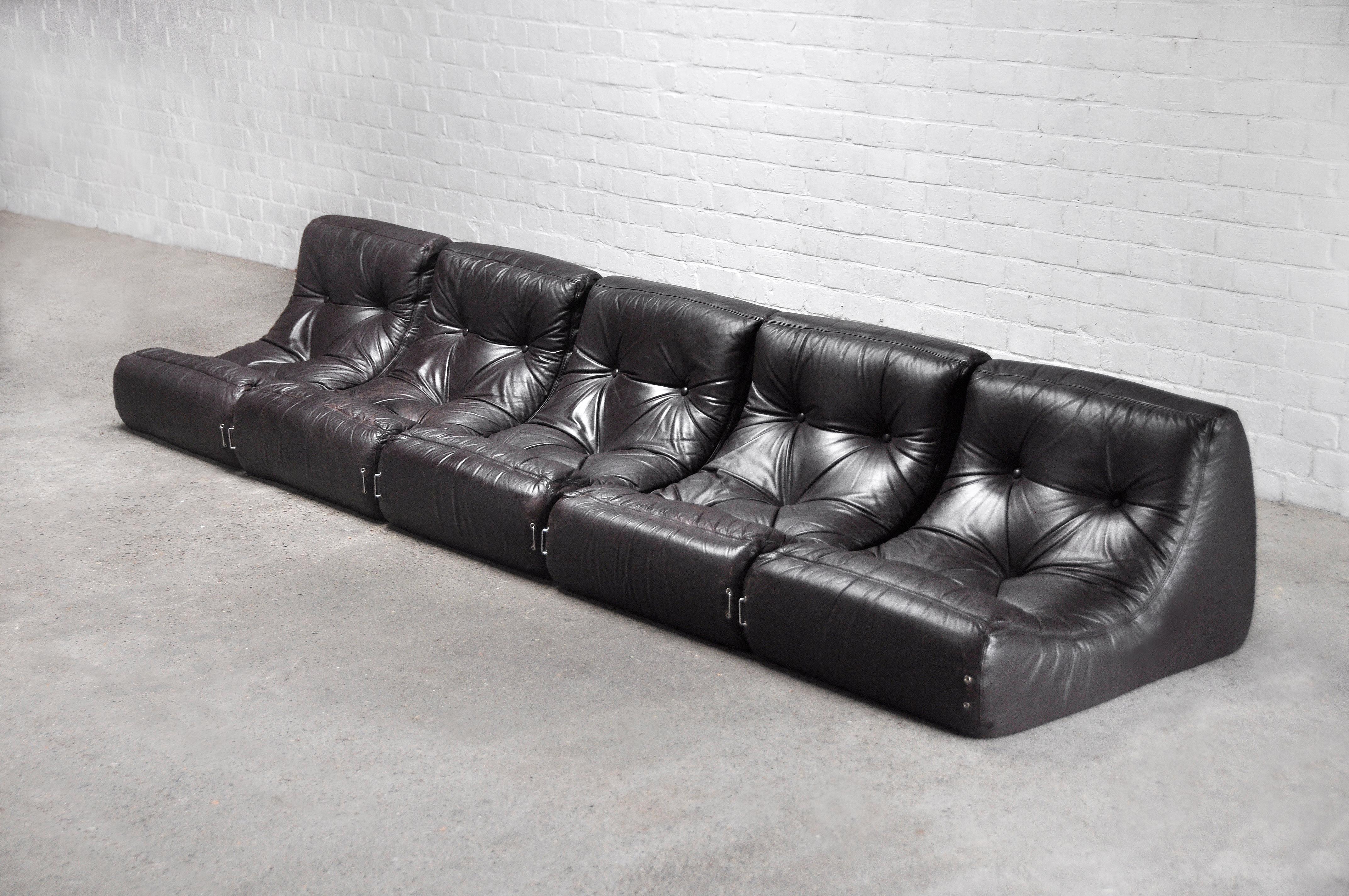 French Space-Age Leather Modular Sofa Set Attributed to Michel Ducaroy, France 1970’s