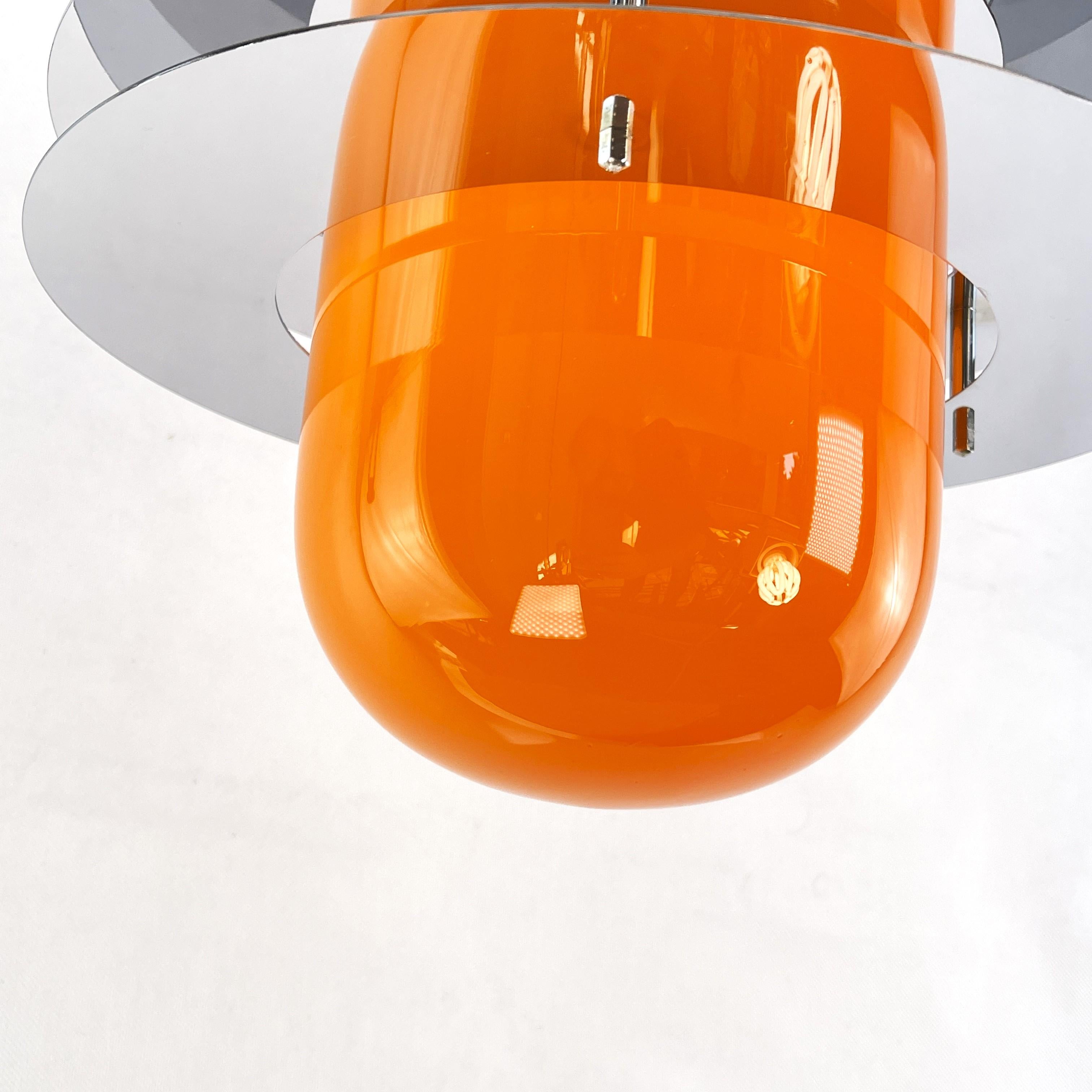 Metal Space Age Lounge Ceiling Lamp with Orange Glass, 1970s For Sale