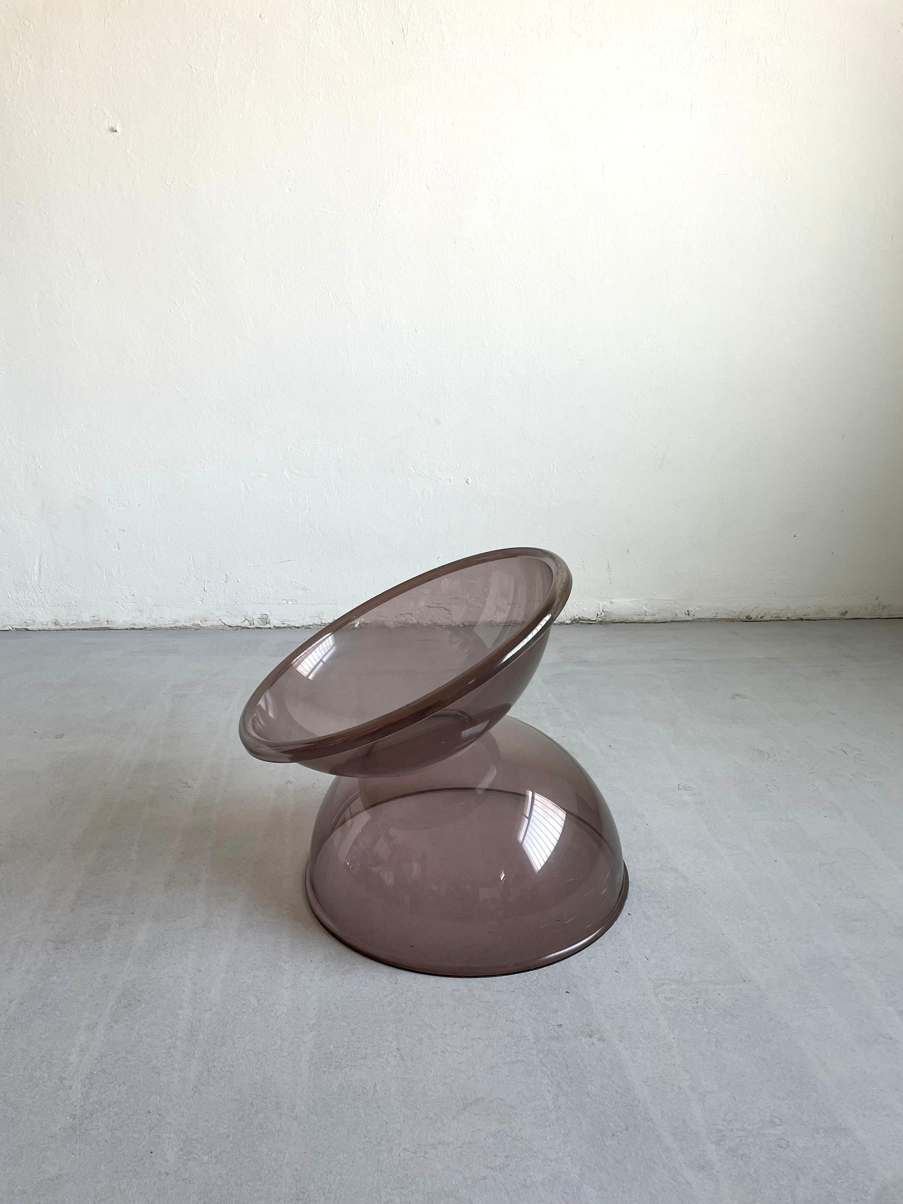 Vintage smoked lucite lounge chair from the space age era, France 1960s - 1970s

Unknown designer and producer

The chair is missing the original cushion. Lucite with some scratch marks. No visible cracks, chips and dents