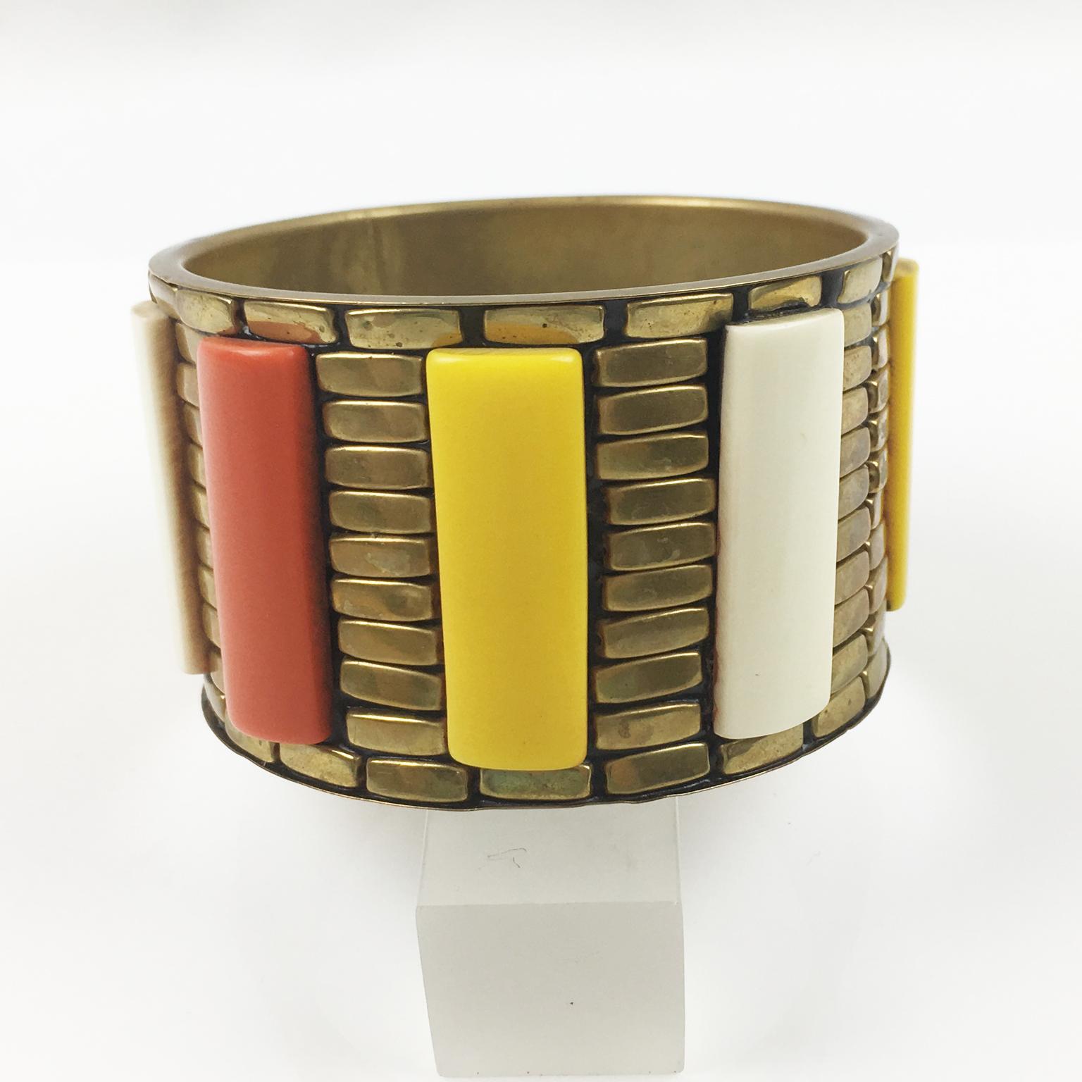 Modernist Space Age Machine Age Massive Brass and Lucite Bracelet Bangle For Sale