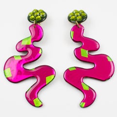 Space Age Massive Dangle Pink and Green Jeweled Clip-on Earrings