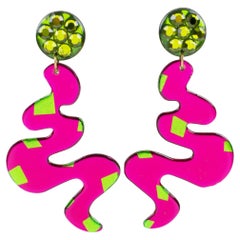 Space Age Massive Dangle Pink and Green Jeweled Clip-on Earrings