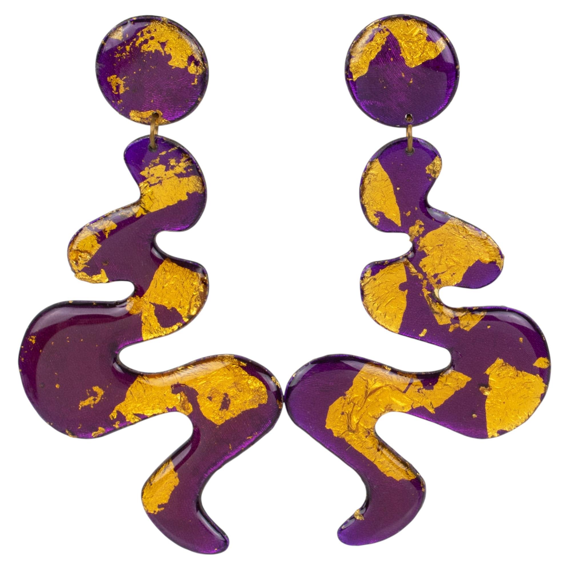 Space Age Massive Purple and Gold Lucite Dangle Pierced Earrings For Sale