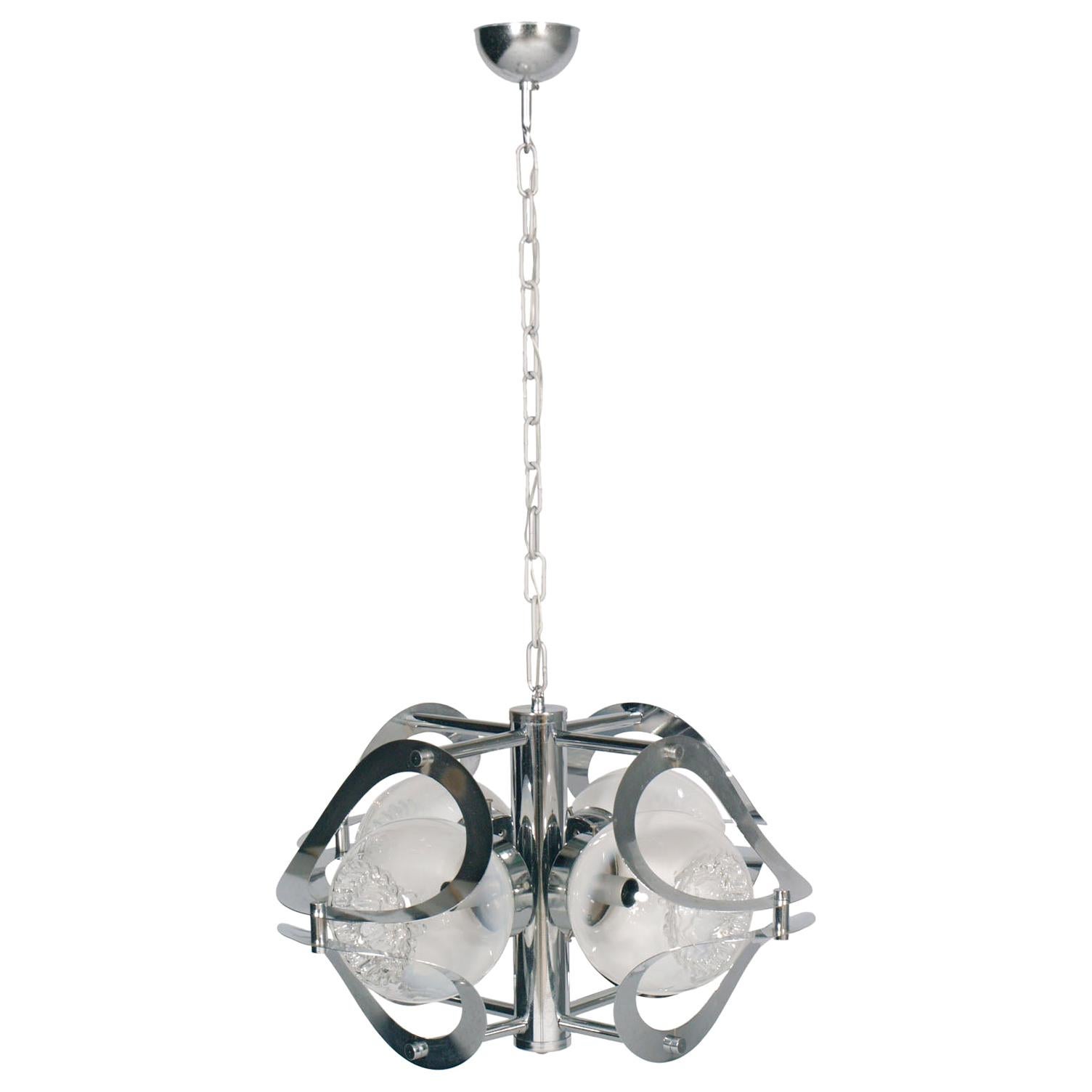 Space Age Mazzega Chandelier in Chromed Steel and Murano Glass, 4-Light For Sale