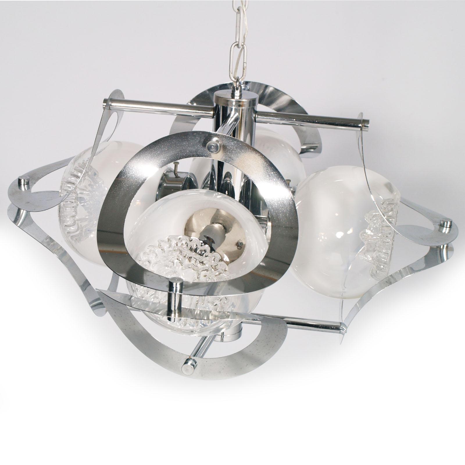 Modern Space Age Mazzega Chandelier in Chromed Steel and Murano Glass, 4-Light For Sale