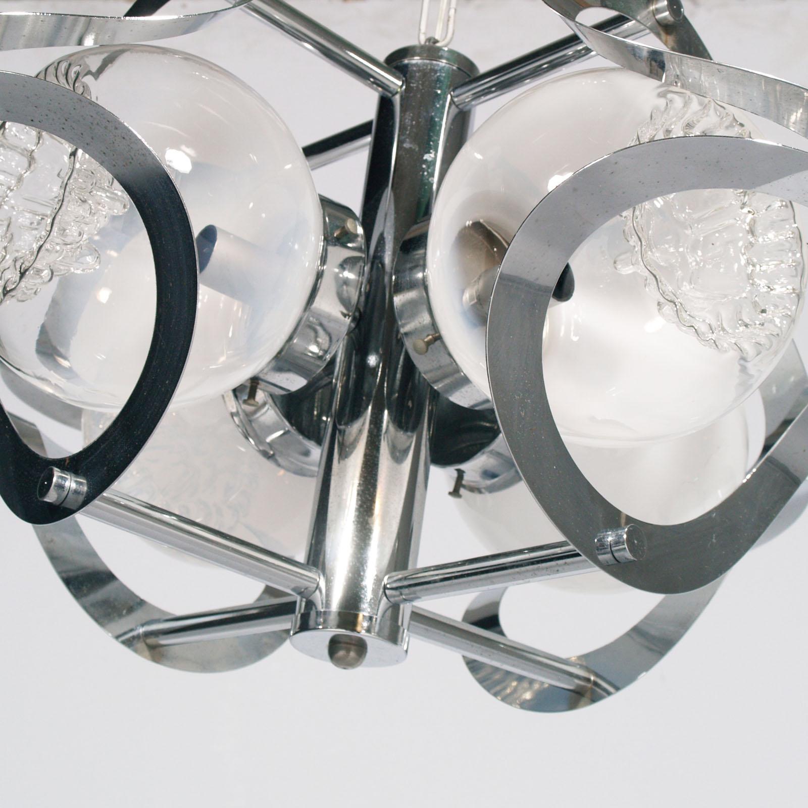 Italian Space Age Mazzega Chandelier in Chromed Steel and Murano Glass, 4-Light For Sale