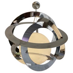 Space Age Metal Opaline Glass Saturn Pendant Lightning, Italy, 1970s