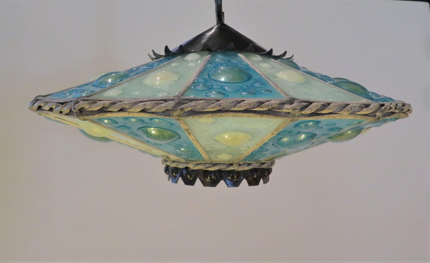 Space Age Mid Century Modern UFO Shaped Fused Glass Light Pendant 1960s For Sale 3