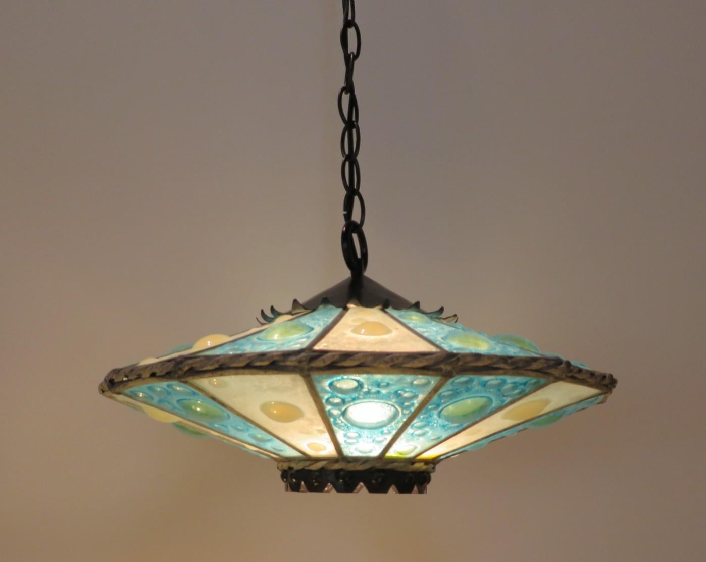 Mid-20th Century Space Age Mid Century Modern UFO Shaped Fused Glass Light Pendant 1960s For Sale