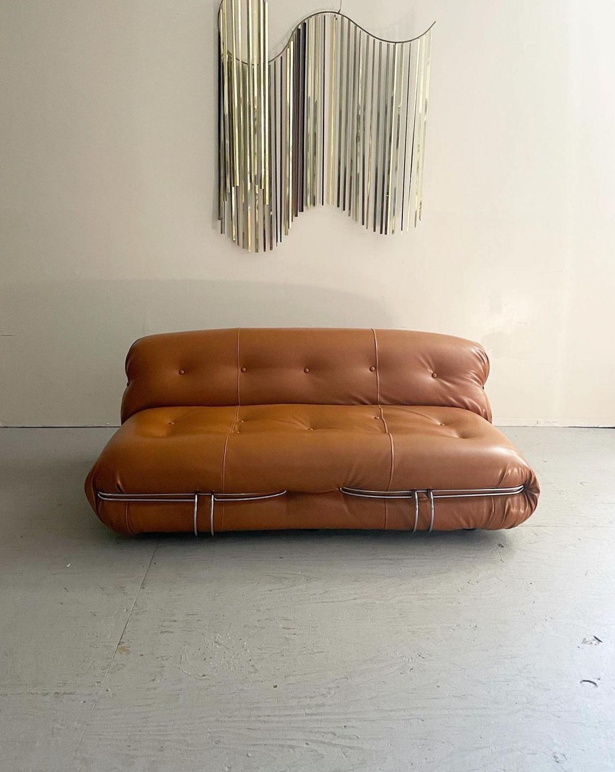 Space Age Modern “Soriana” Sofa Designed by Tobia & Afra Scarpa. Newly reupholstered cognac leather & foam. This sofa comfortably fits 3 people. Made in Italy, circa 1960.