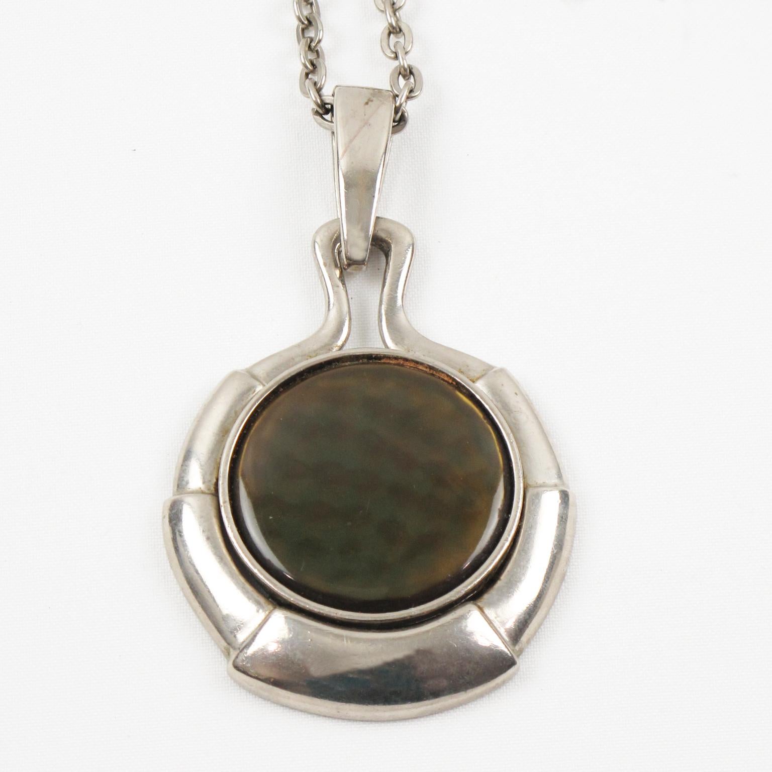 Women's or Men's Space Age Modernist Necklace Green Iridescent Resin Pendant For Sale