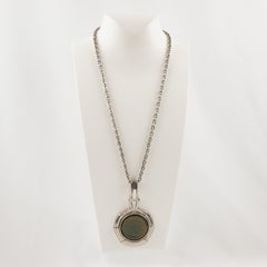 Space Age Modernist Silvered Necklace with Green Iridescent Resin Pendant
