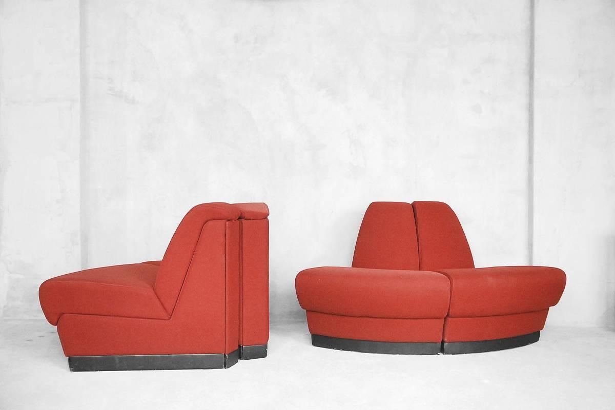 This sectional sofa was manufactured in Denmark by Kinnarps in the late 20th century. The sofa consisting of four modules, upholstered in red wool. The single pieces can also be used separately but when has been folded is impress and has a form