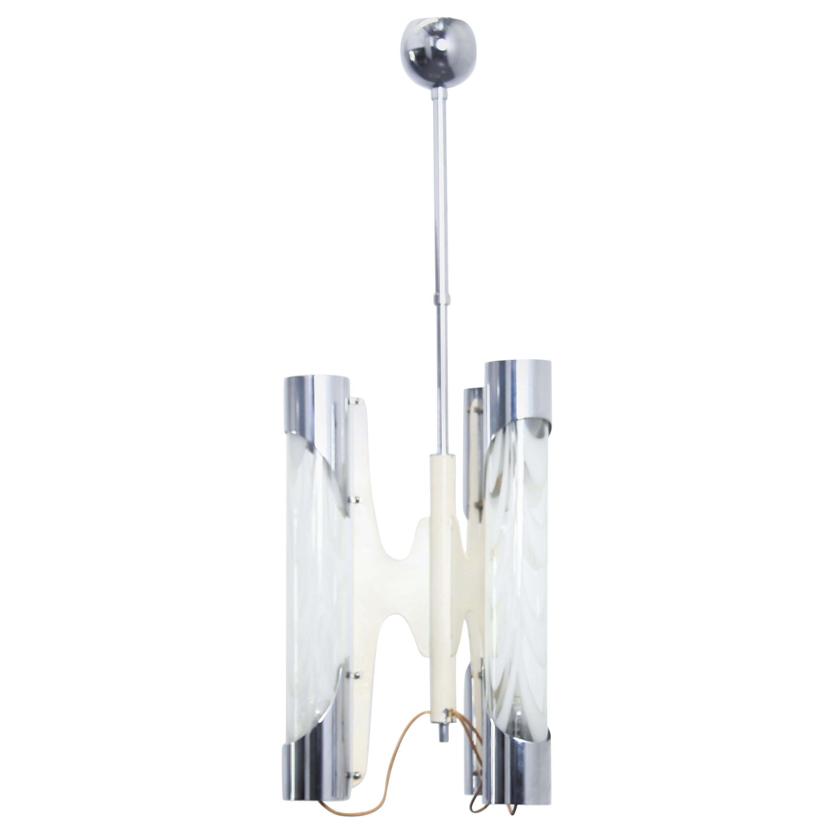 Italian Space Age Murano Glass Tubes White Chandelier, 1970