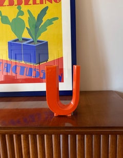 Space age orange U letter shaped ceramic solifleur vase, Marcel Radureau ca.1970