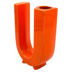 Space age orange U letter shaped ceramic solifleur vase, Marcel Radureau ca.1970