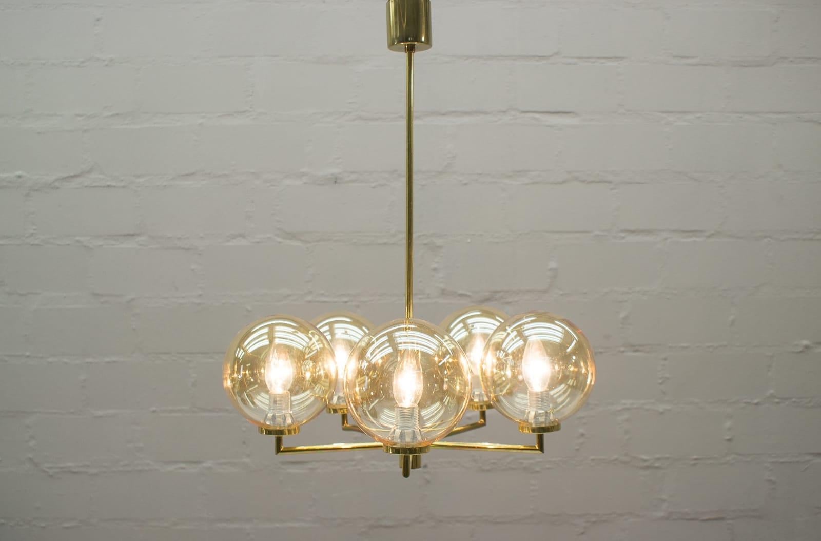 Mid-Century Modern Space Age Orbit Ceiling Lamp with Five Amber Glass Balls, 1960s For Sale