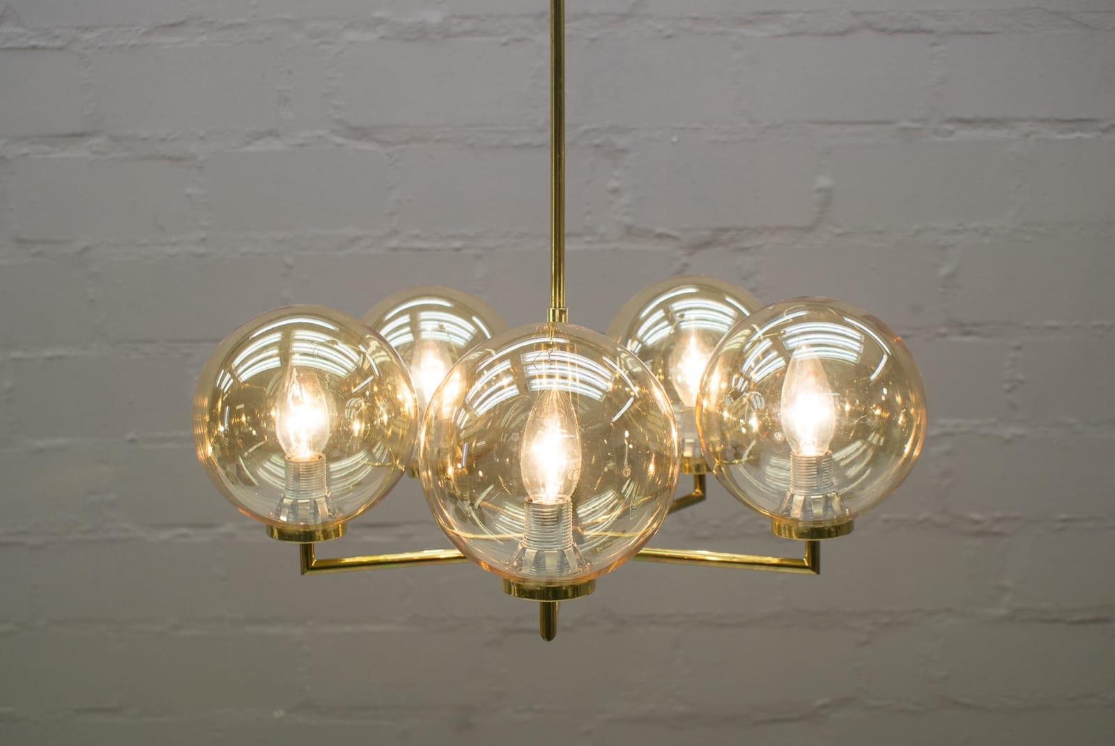 Scandinavian Space Age Orbit Ceiling Lamp with Five Amber Glass Balls, 1960s For Sale