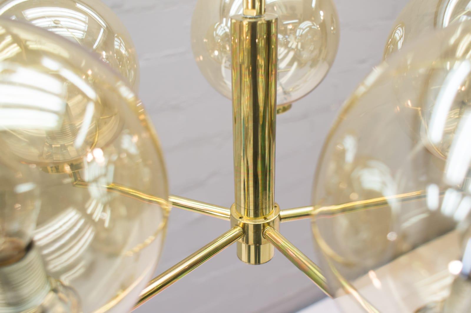 Brass Space Age Orbit Ceiling Lamp with Five Amber Glass Balls, 1960s For Sale