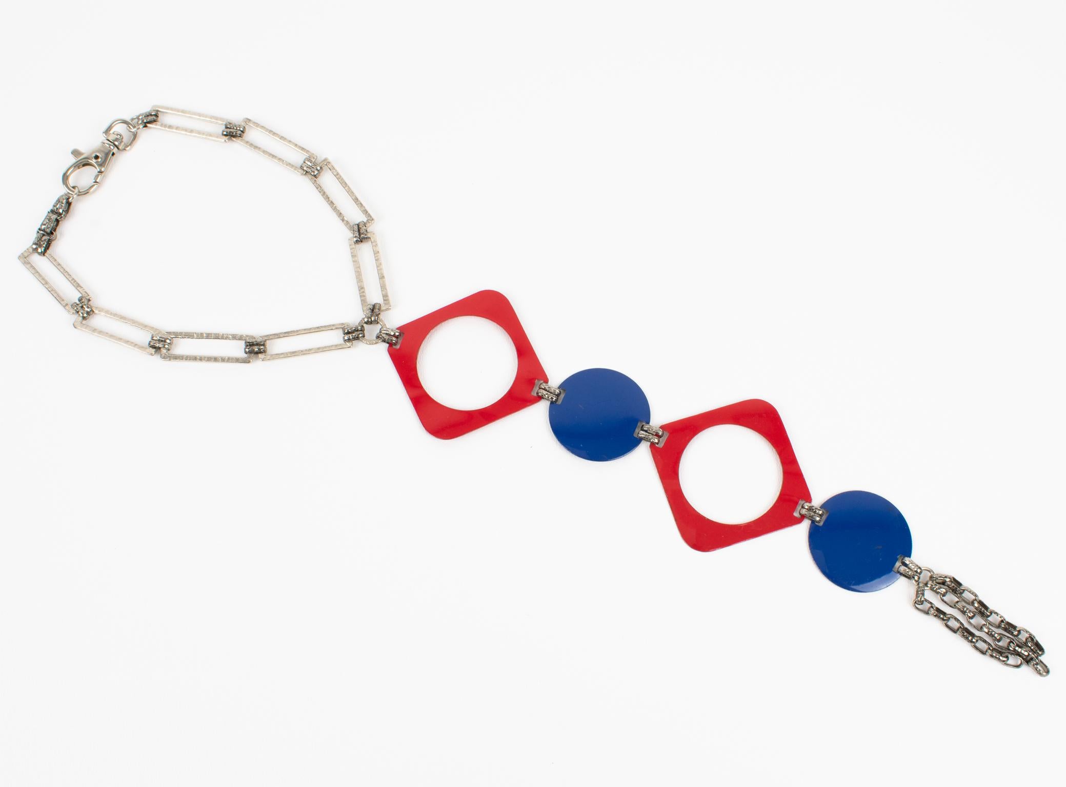 Space Age Paco Rabanne Style Collar Necklace with Blue and Red Enamel, 1960s In Good Condition For Sale In Atlanta, GA