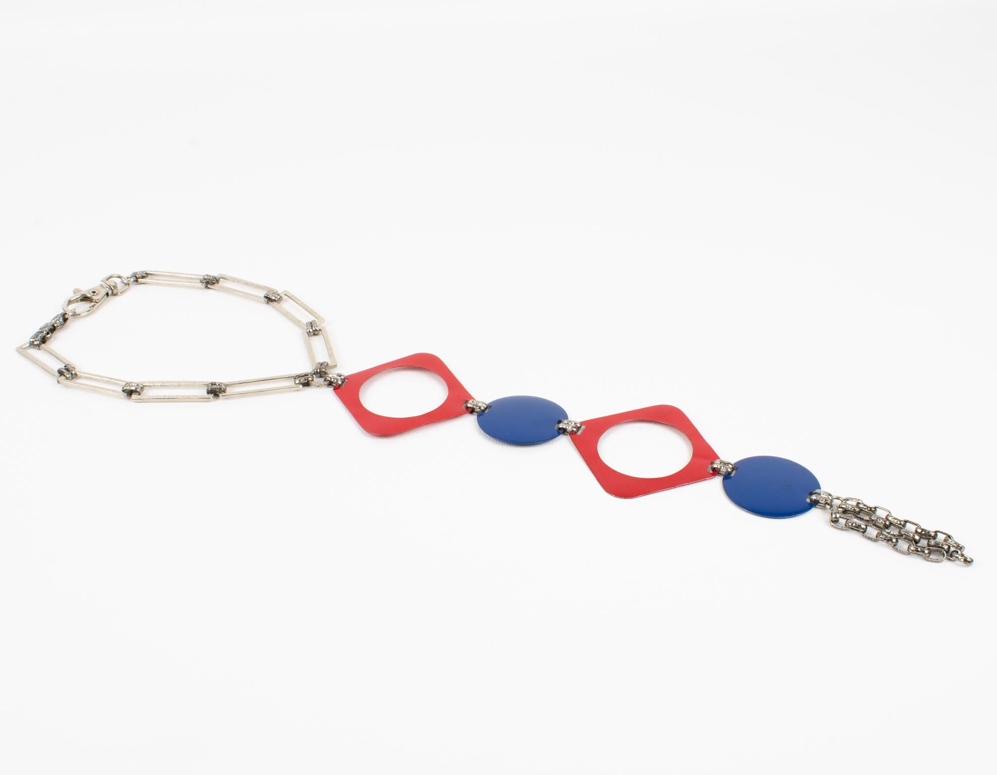 Space Age Paco Rabanne Style Collar Necklace with Blue and Red Enamel, 1960s For Sale 1
