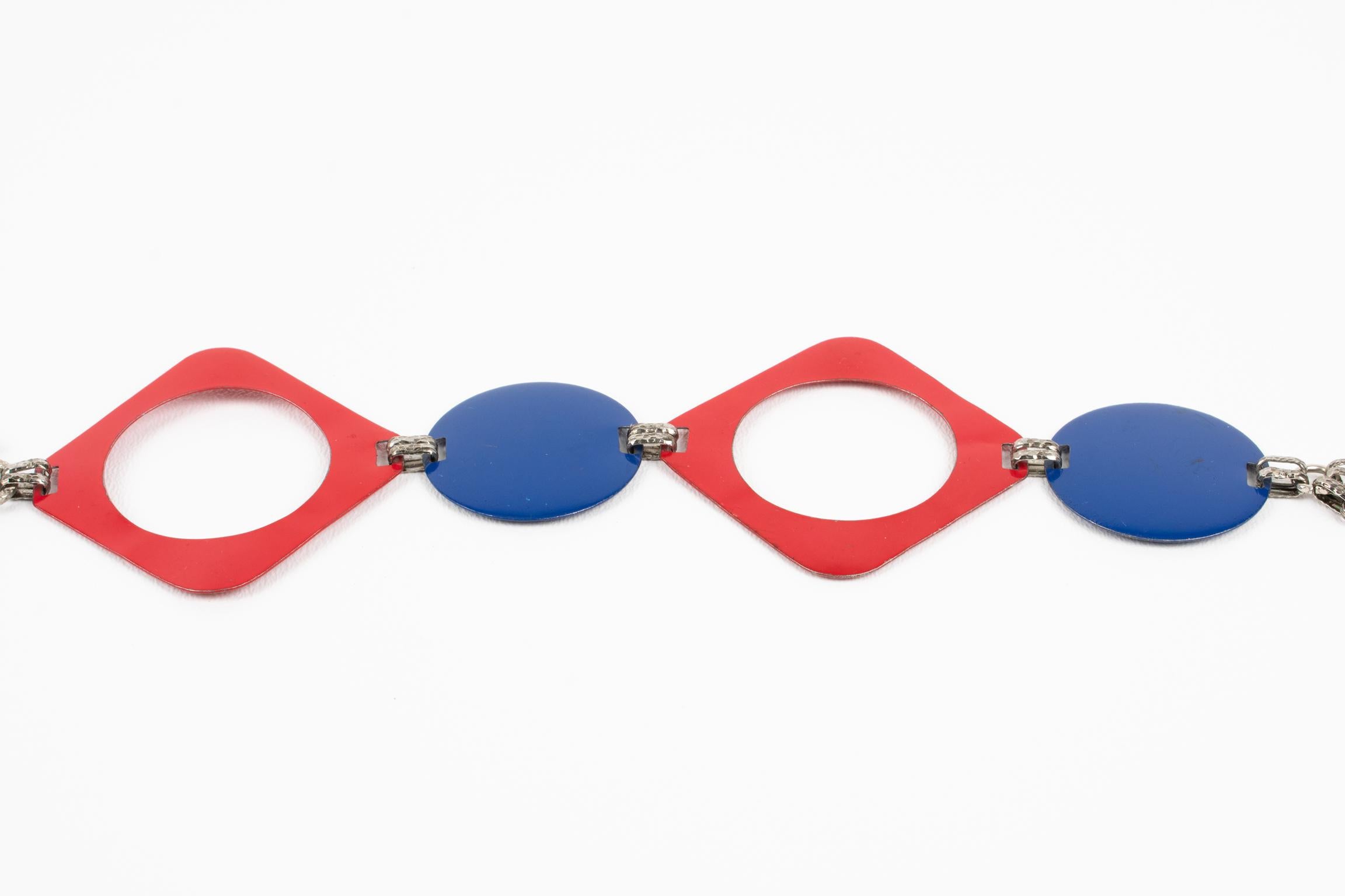 Space Age Paco Rabanne Style Collar Necklace with Blue and Red Enamel, 1960s For Sale 3